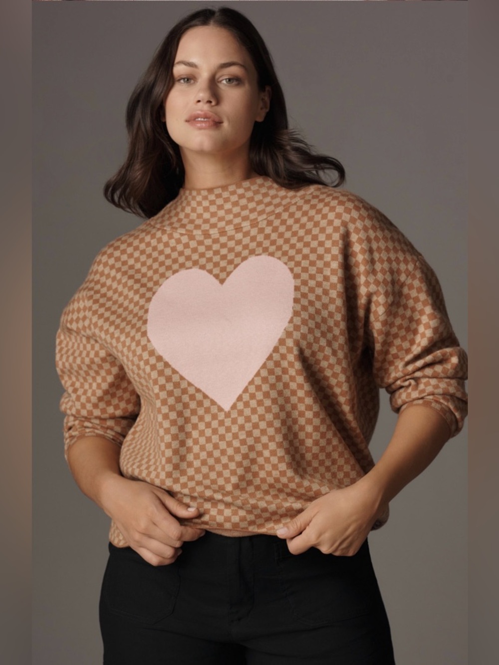 NWT Anthropologie Maeve Carys Mock
Neck Sweater Checkerboard Heart Tan & Pink 1X
